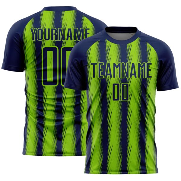 Custom Navy Neon Green Vertical Brush Stroke Stripes Sublimation Soccer Uniform Jersey