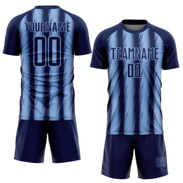Custom Navy Light Blue Vertical Brush Stroke Stripes Sublimation Soccer Uniform Jersey