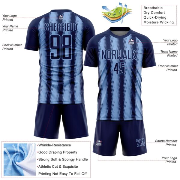 Custom Navy Light Blue Vertical Brush Stroke Stripes Sublimation Soccer Uniform Jersey