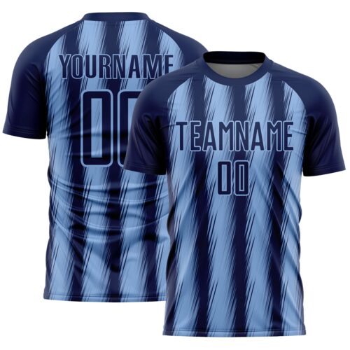Custom Navy Light Blue Vertical Brush Stroke Stripes Sublimation Soccer Uniform Jersey