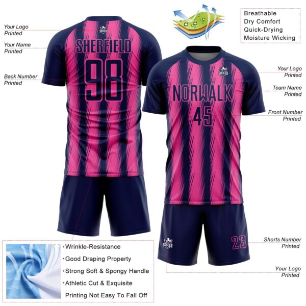 Custom Navy Pink Vertical Brush Stroke Stripes Sublimation Soccer Uniform Jersey