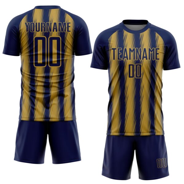Custom Navy Old Gold Vertical Brush Stroke Stripes Sublimation Soccer Uniform Jersey