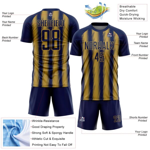 Custom Navy Old Gold Vertical Brush Stroke Stripes Sublimation Soccer Uniform Jersey
