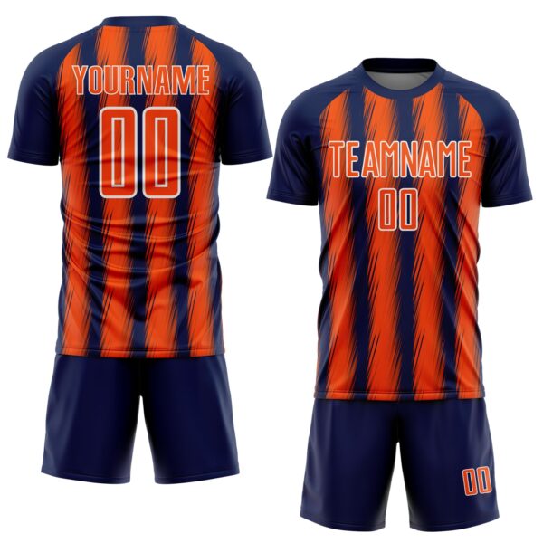 Custom Navy Orange-White Vertical Brush Stroke Stripes Sublimation Soccer Uniform Jersey