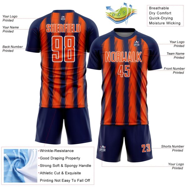 Custom Navy Orange-White Vertical Brush Stroke Stripes Sublimation Soccer Uniform Jersey
