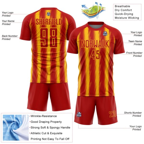 Custom Red Gold Vertical Brush Stroke Stripes Sublimation Soccer Uniform Jersey