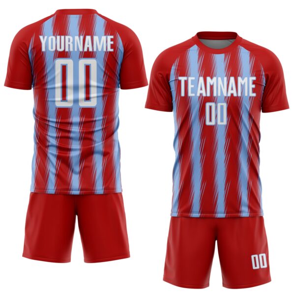 Custom Red White-Light Blue Vertical Brush Stroke Stripes Sublimation Soccer Uniform Jersey