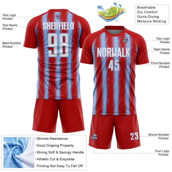 Custom Red White-Light Blue Vertical Brush Stroke Stripes Sublimation Soccer Uniform Jersey