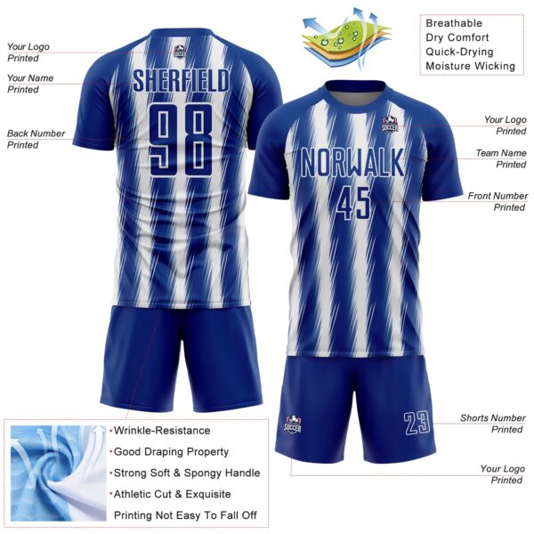 Custom Royal White Vertical Brush Stroke Stripes Sublimation Soccer Uniform Jersey