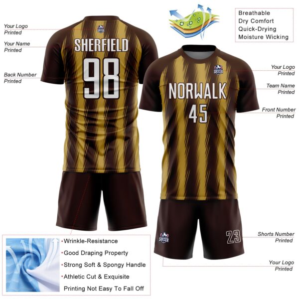 Custom Brown White-Old Gold Vertical Brush Stroke Stripes Sublimation Soccer Uniform Jersey