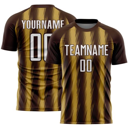 Custom Brown White-Old Gold Vertical Brush Stroke Stripes Sublimation Soccer Uniform Jersey
