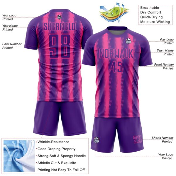 Custom Purple Pink Vertical Brush Stroke Stripes Sublimation Soccer Uniform Jersey