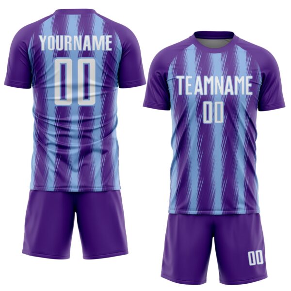 Custom Purple White-Light Blue Vertical Brush Stroke Stripes Sublimation Soccer Uniform Jersey