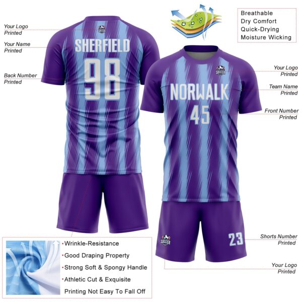 Custom Purple White-Light Blue Vertical Brush Stroke Stripes Sublimation Soccer Uniform Jersey