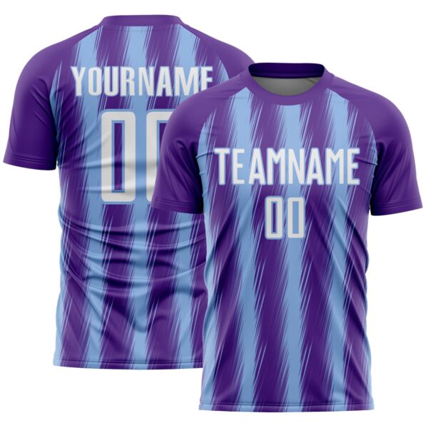 Custom Purple White-Light Blue Vertical Brush Stroke Stripes Sublimation Soccer Uniform Jersey