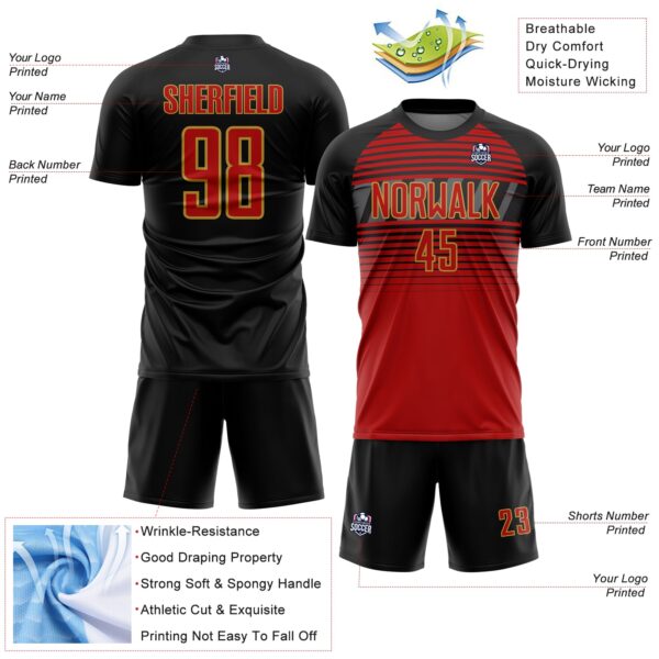Custom Black Red Old Gold-Steel Gray Gradient Horizontal Stripes Sublimation Soccer Uniform Jersey