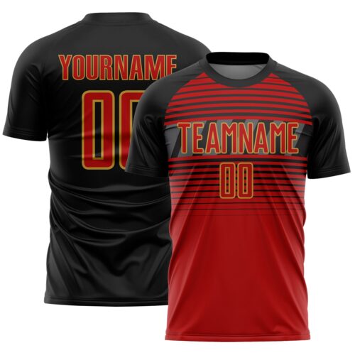 Custom Black Red Old Gold-Steel Gray Gradient Horizontal Stripes Sublimation Soccer Uniform Jersey