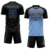 Custom Black Light Blue-Steel Gray Gradient Horizontal Stripes Sublimation Soccer Uniform Jersey