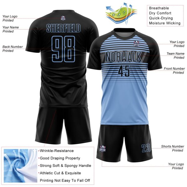 Custom Black Light Blue-Steel Gray Gradient Horizontal Stripes Sublimation Soccer Uniform Jersey