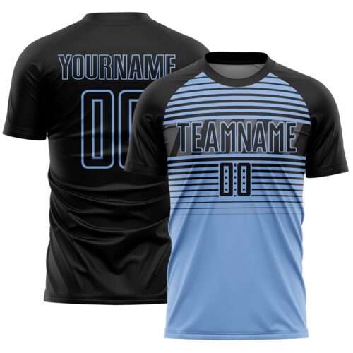 Custom Black Light Blue-Steel Gray Gradient Horizontal Stripes Sublimation Soccer Uniform Jersey
