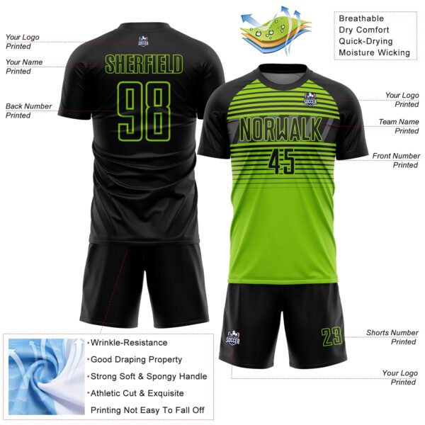 Custom Black Neon Green-Steel Gray Gradient Horizontal Stripes Sublimation Soccer Uniform Jersey