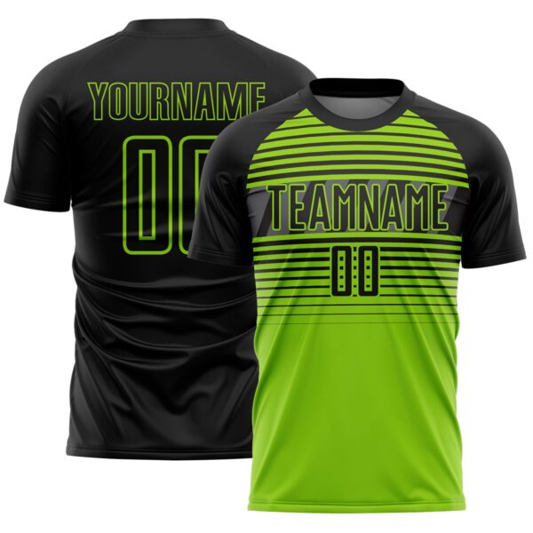 Custom Black Neon Green-Steel Gray Gradient Horizontal Stripes Sublimation Soccer Uniform Jersey
