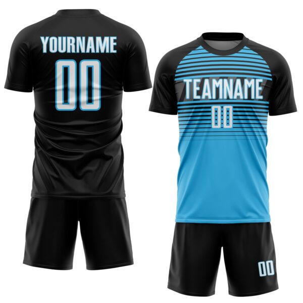 Custom Black White Sky Blue-Steel Gray Gradient Horizontal Stripes Sublimation Soccer Uniform Jersey