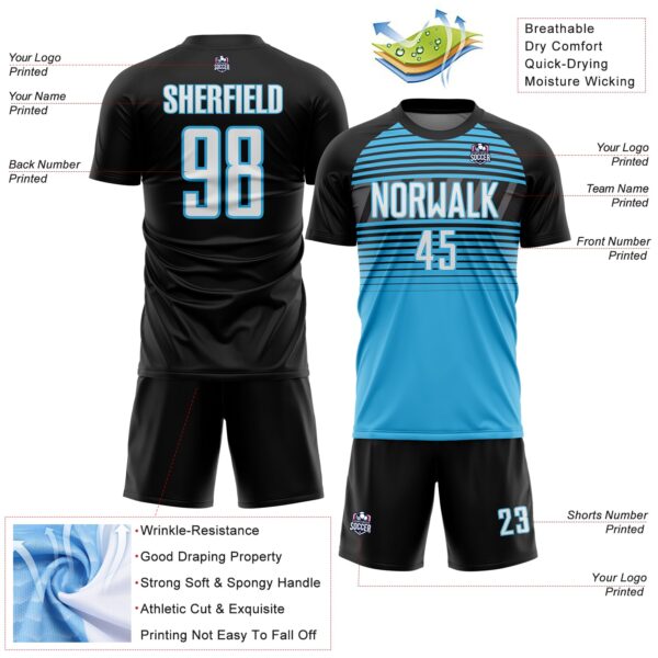 Custom Black White Sky Blue-Steel Gray Gradient Horizontal Stripes Sublimation Soccer Uniform Jersey