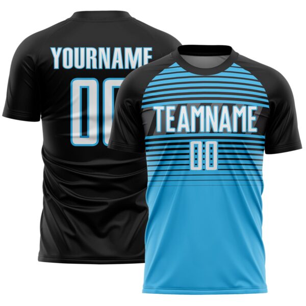 Custom Black White Sky Blue-Steel Gray Gradient Horizontal Stripes Sublimation Soccer Uniform Jersey
