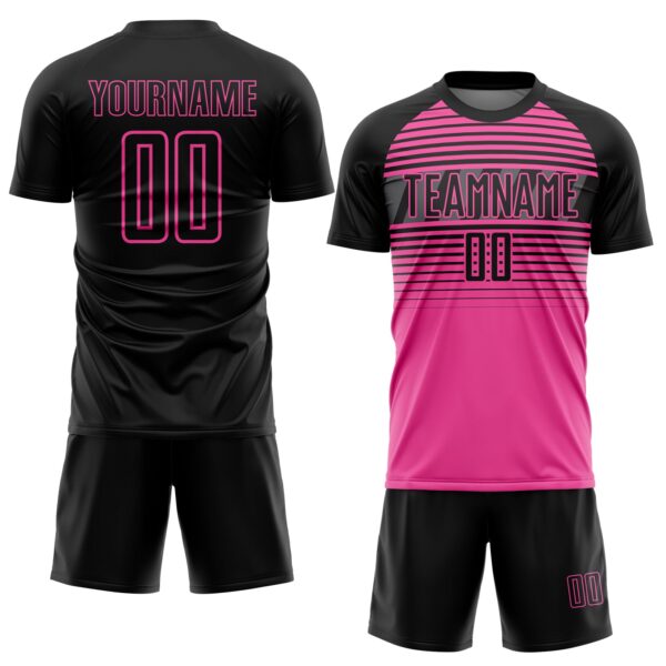 Custom Black Pink-Steel Gray Gradient Horizontal Stripes Sublimation Soccer Uniform Jersey