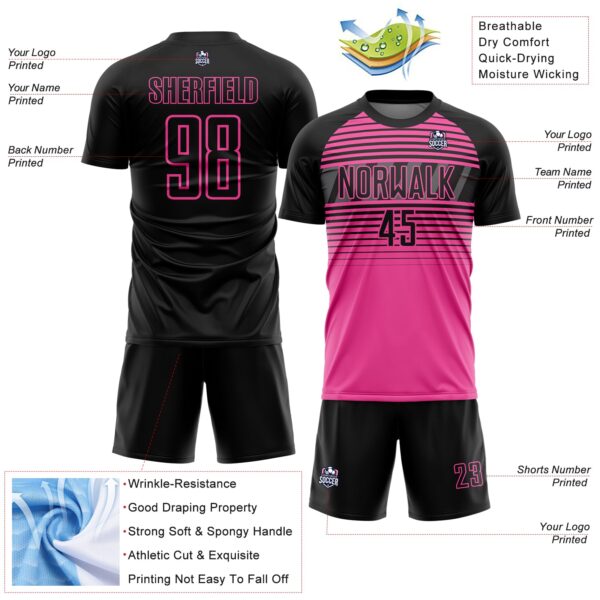 Custom Black Pink-Steel Gray Gradient Horizontal Stripes Sublimation Soccer Uniform Jersey