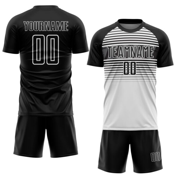 Custom Black White-Steel Gray Gradient Horizontal Stripes Sublimation Soccer Uniform Jersey