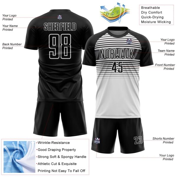 Custom Black White-Steel Gray Gradient Horizontal Stripes Sublimation Soccer Uniform Jersey