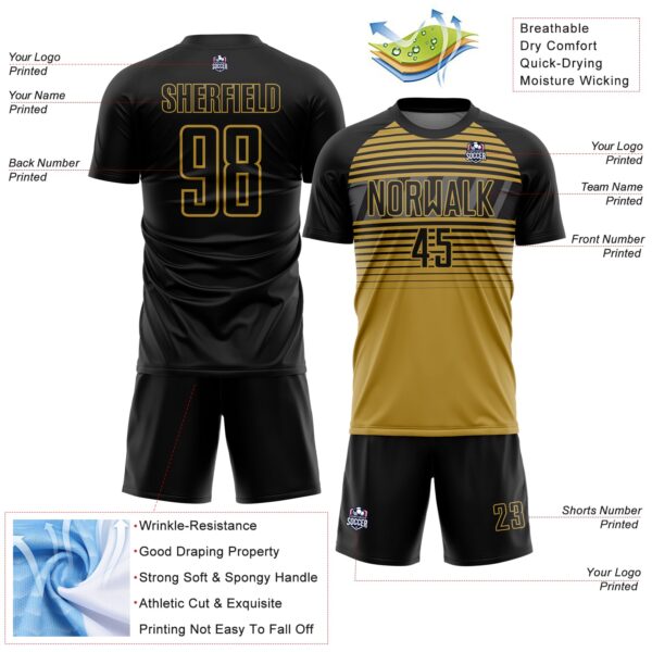 Custom Black Old Gold-Steel Gray Gradient Horizontal Stripes Sublimation Soccer Uniform Jersey