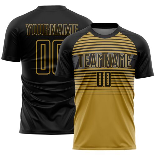 Custom Black Old Gold-Steel Gray Gradient Horizontal Stripes Sublimation Soccer Uniform Jersey