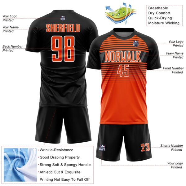 Custom Black Orange Steel Gray-White Gradient Horizontal Stripes Sublimation Soccer Uniform Jersey