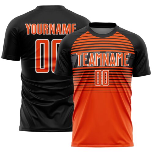 Custom Black Orange Steel Gray-White Gradient Horizontal Stripes Sublimation Soccer Uniform Jersey