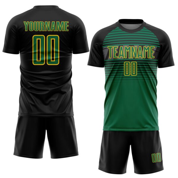 Custom Black Kelly Green Gold-Steel Gray Gradient Horizontal Stripes Sublimation Soccer Uniform Jersey