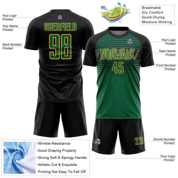 Custom Black Kelly Green Gold-Steel Gray Gradient Horizontal Stripes Sublimation Soccer Uniform Jersey