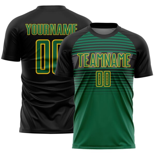 Custom Black Kelly Green Gold-Steel Gray Gradient Horizontal Stripes Sublimation Soccer Uniform Jersey