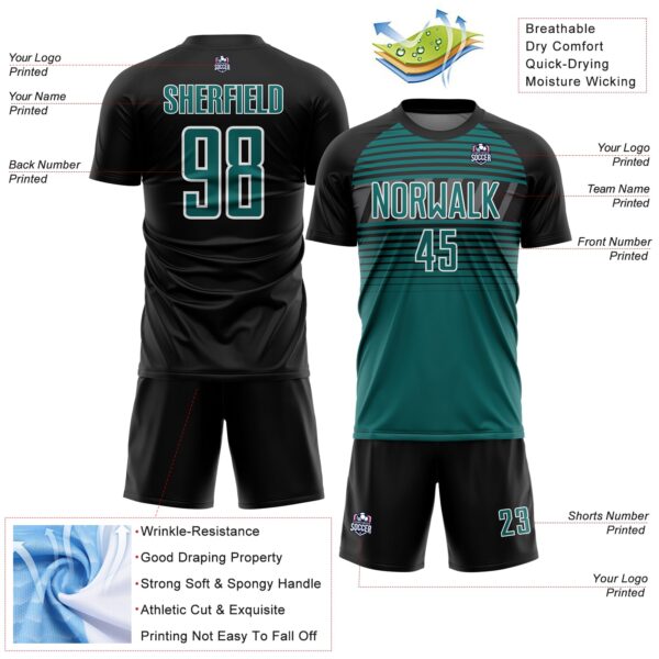 Custom Black Teal Steel Gray-White Gradient Horizontal Stripes Sublimation Soccer Uniform Jersey