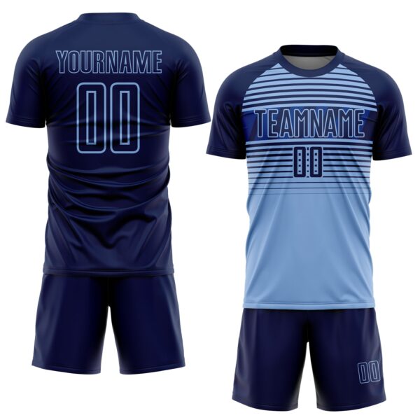 Custom Navy Light Blue-Royal Gradient Horizontal Stripes Sublimation Soccer Uniform Jersey