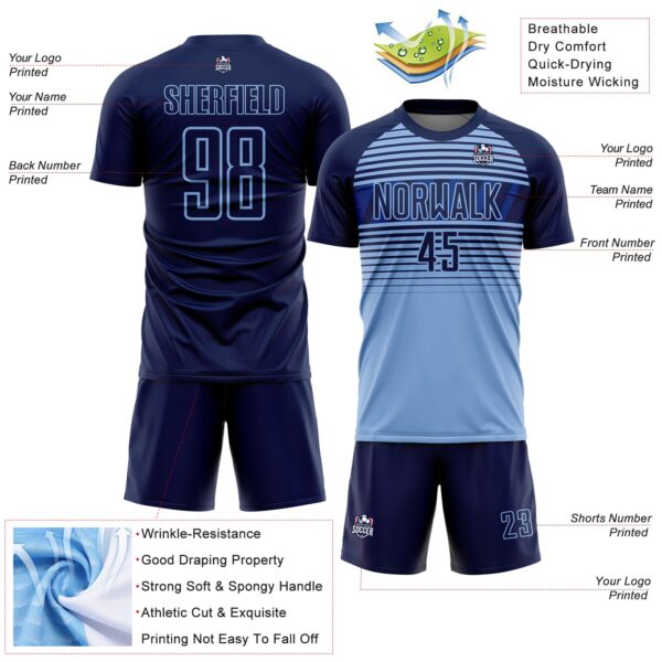 Custom Navy Light Blue-Royal Gradient Horizontal Stripes Sublimation Soccer Uniform Jersey
