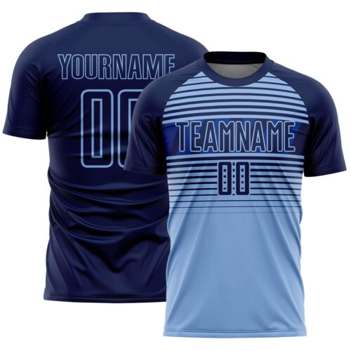 Custom Navy Light Blue-Royal Gradient Horizontal Stripes Sublimation Soccer Uniform Jersey