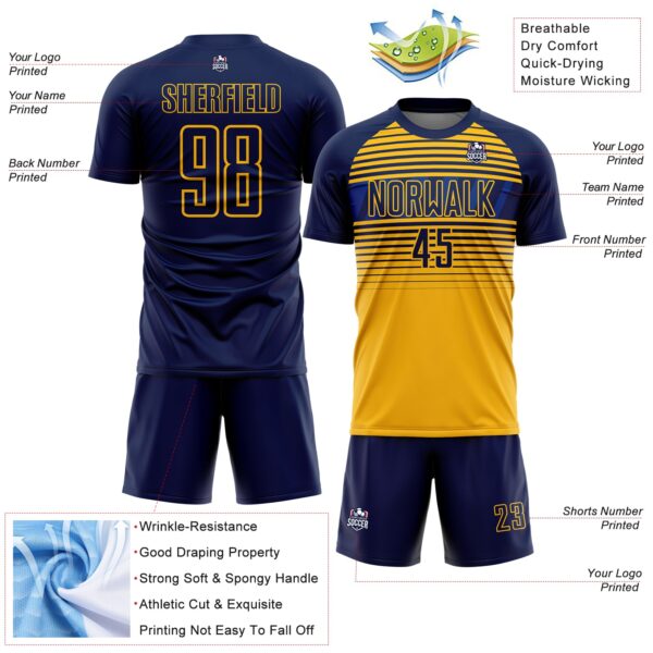 Custom Navy Gold-Royal Gradient Horizontal Stripes Sublimation Soccer Uniform Jersey