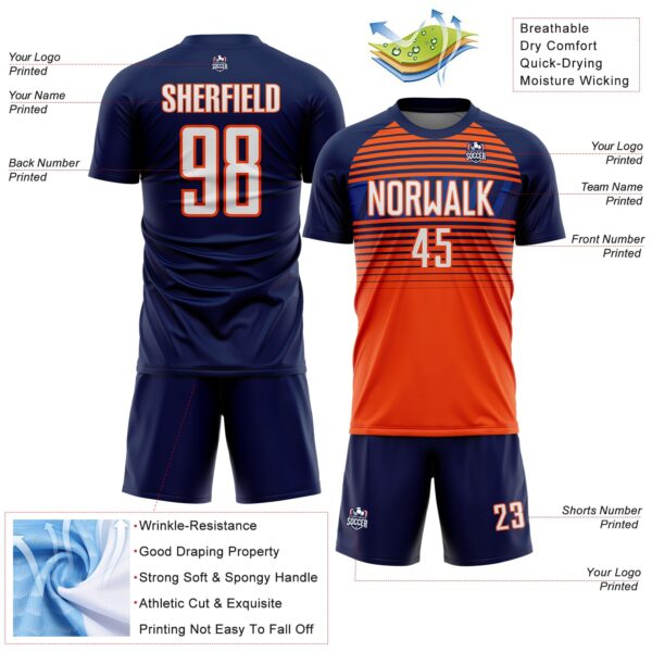 Custom Navy White Orange-Royal Gradient Horizontal Stripes Sublimation Soccer Uniform Jersey