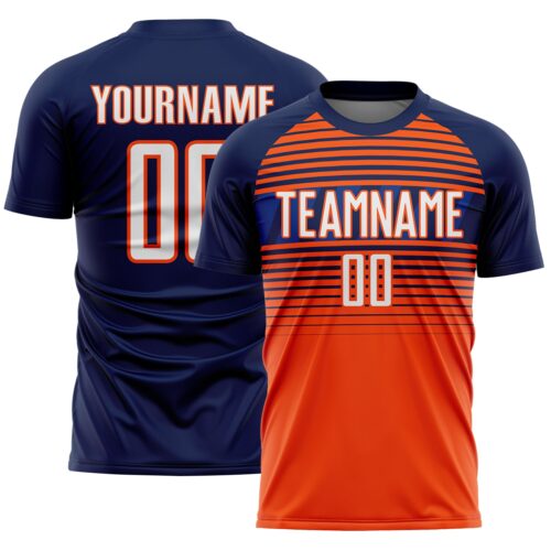 Custom Navy White Orange-Royal Gradient Horizontal Stripes Sublimation Soccer Uniform Jersey