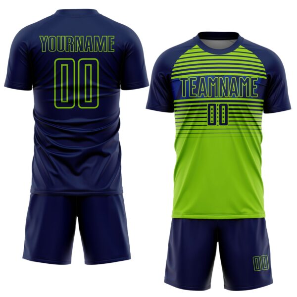 Custom Navy Neon Green-Royal Gradient Horizontal Stripes Sublimation Soccer Uniform Jersey