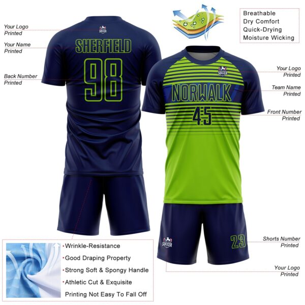 Custom Navy Neon Green-Royal Gradient Horizontal Stripes Sublimation Soccer Uniform Jersey