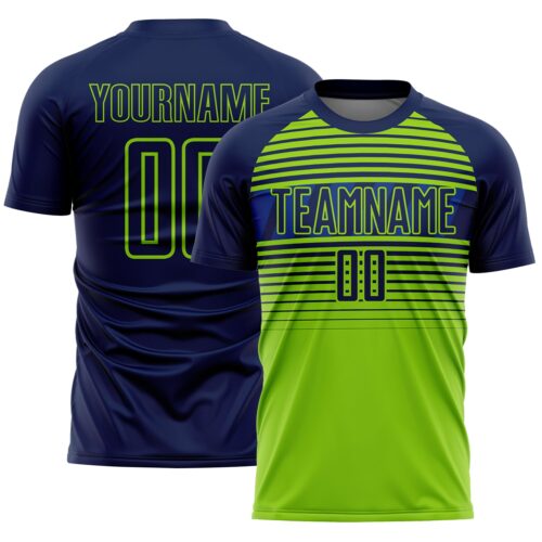 Custom Navy Neon Green-Royal Gradient Horizontal Stripes Sublimation Soccer Uniform Jersey